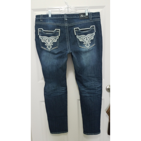 Sizzle Wash Jeans Embroidered Pockets White Trims Sz 18 Women's Dark Blue Jeans - Picture 1 of 10